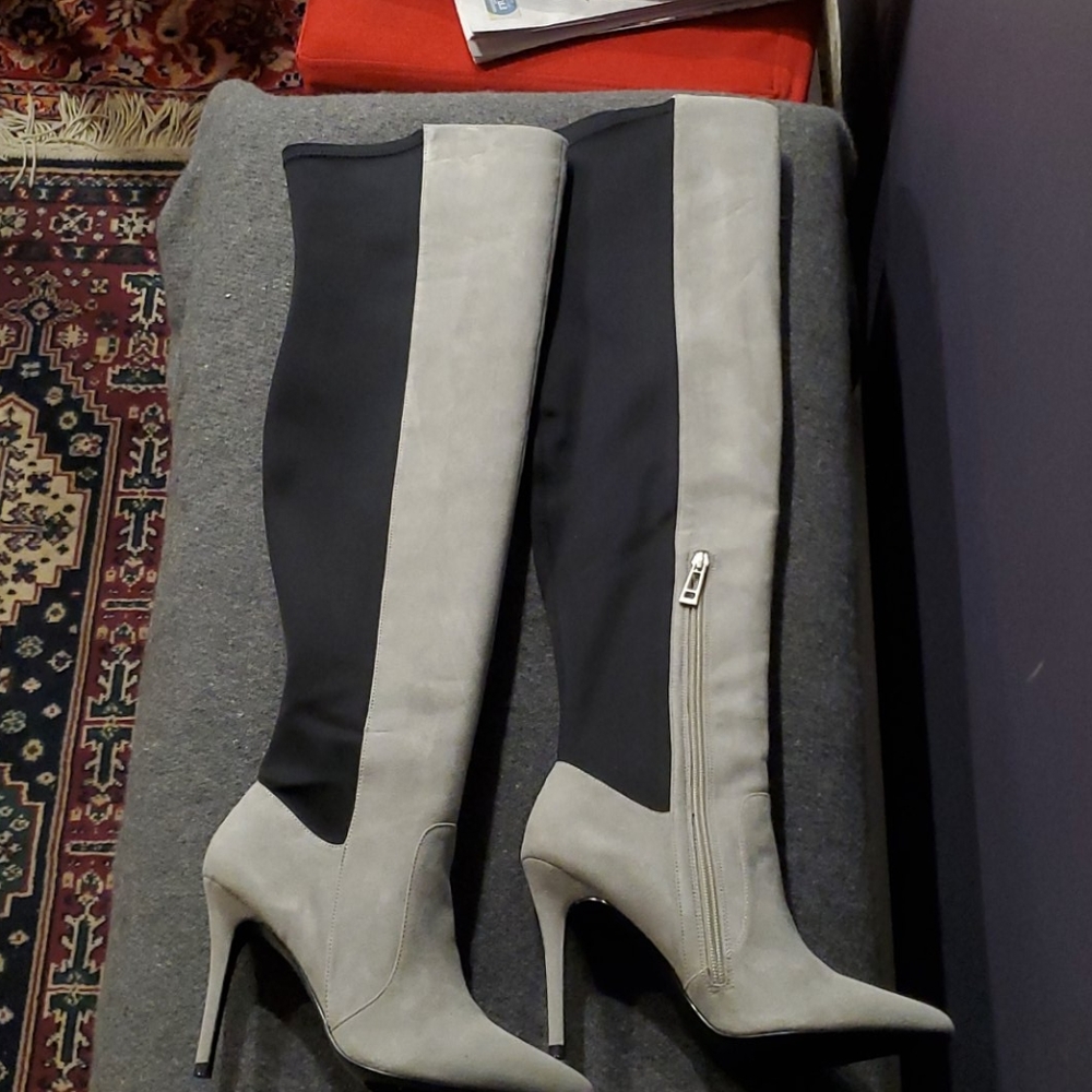 Charles David Gray and Black Over-the-Knee Stiletto Boots